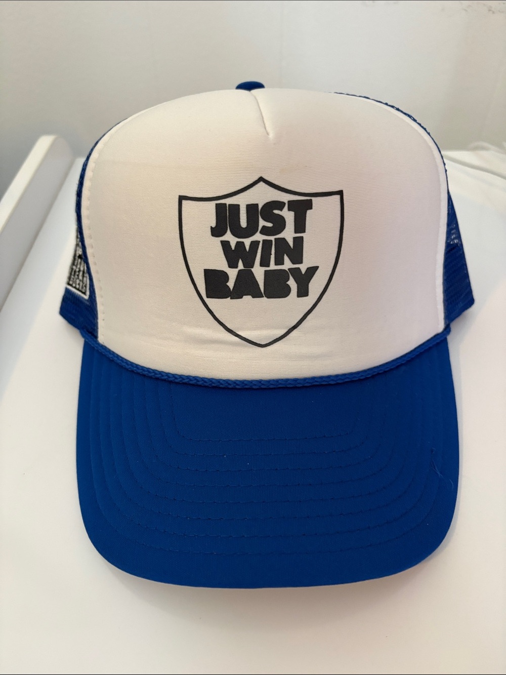 "Just Win Baby" White and Royal Blue Trucker Hat